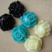 6PCS - Cabbage Rose Flower Cabochons - 15mm - Resin - Blue, Black, and Ivory - Findings by ZARDENIA