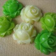 6PCS - Cabbage Rose Flower Cabochons - 15mm - Resin - Green, Apple Green and Ivory - Findings by ZARDENIA
