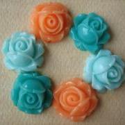 6PCS - Cabbage Rose Flower Cabochons - 15mm - Resin - Aqua, Turquoise and Pale Peach - Findings by ZARDENIA