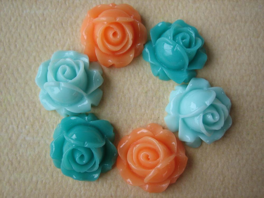 6pcs - Cabbage Rose Flower Cabochons - 15mm - Resin - Aqua, Turquoise And Pale Peach - Findings By Zardenia