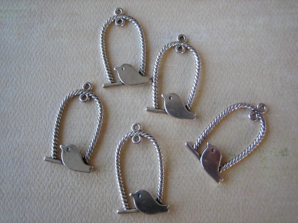 5pcs - Alloy Antique Silver Bird Swing Charms - 32x18mm - Findings By Zardenia