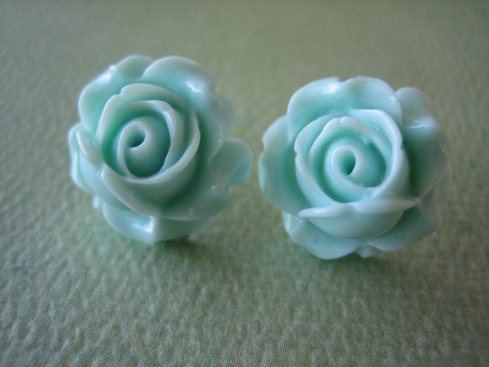 Adorable Cabbage Rose Earrings - Aqua - Standard Us - Jewelry By Zardenia
