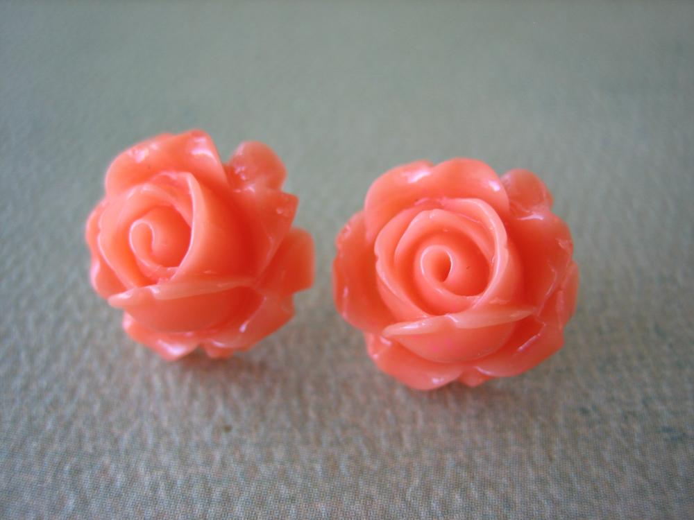 Adorable Cabbage Rose Earrings - Coral - Standard Us - Jewelry By Zardenia