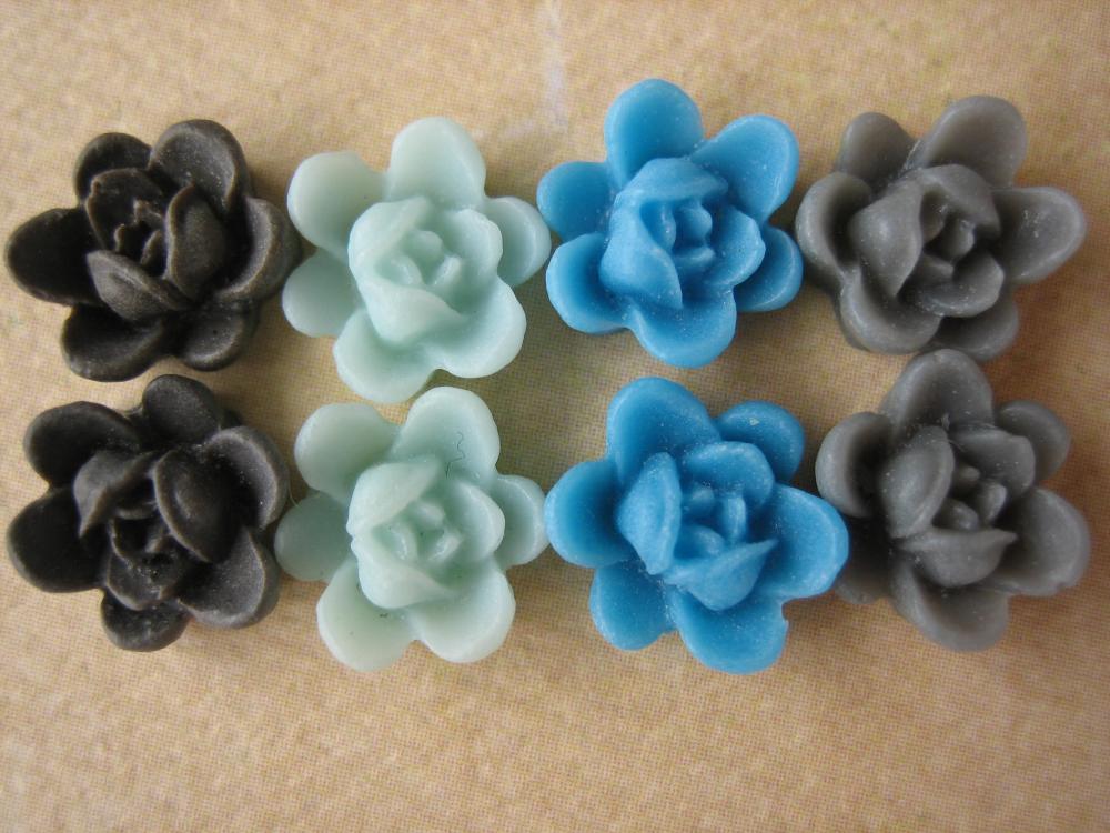 8pcs - Mini Lotus Flower Cabochons - Resin - 9mm - Blues, Gray And Brown - Cabochons By Zardenia