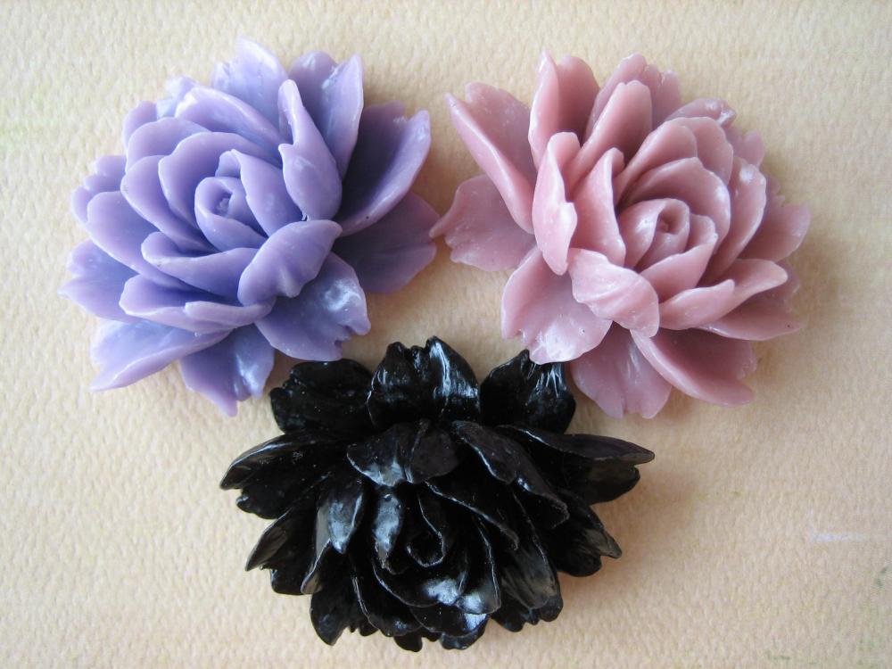 3pcs - Ruffle Roses - 45x35mm - Lilac, Black And Mauve - Cabochons By Zardenia