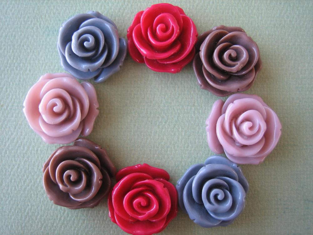 8pcs - Rose Flower Cabochons - 24mm - Resin - Crimson, Gray, Sienna And Rosy Brown - Cabochons By Zardenia