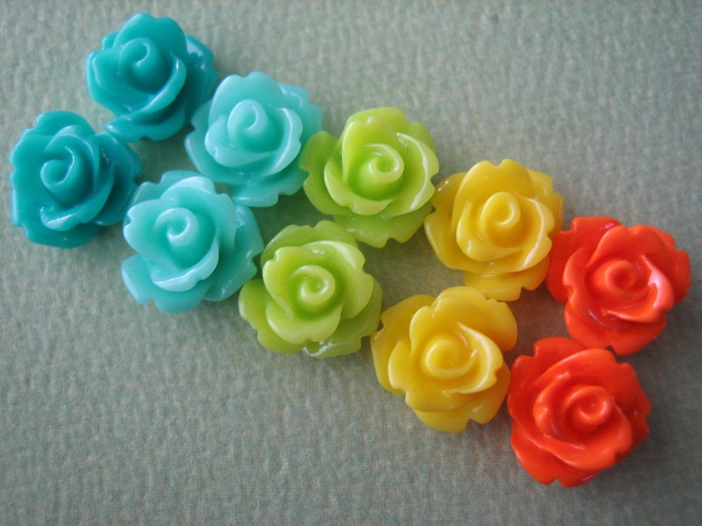 10pcs - Mini Rose Flower Cabochons - 10mm - Resin - Turquoise, Aqua, Green, Yellow And Orange - Cabochons By Zardenia