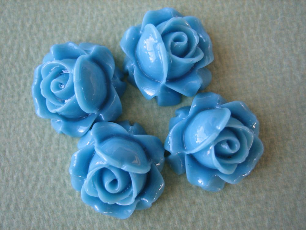 4pcs - Cabbage Rose Flower Cabochons - 15mm - Resin - Blue - Findings By Zardenia