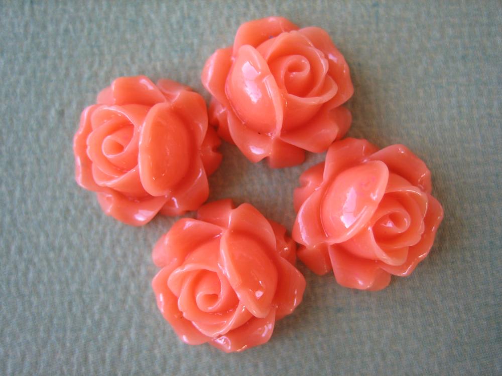 4pcs - Cabbage Rose Flower Cabochons - 15mm - Resin - Coral - Findings By Zardenia