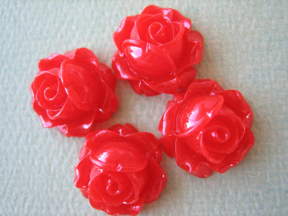 4pcs - Cabbage Rose Flower Cabochons - 15mm - Resin - Red - Findings By Zardenia