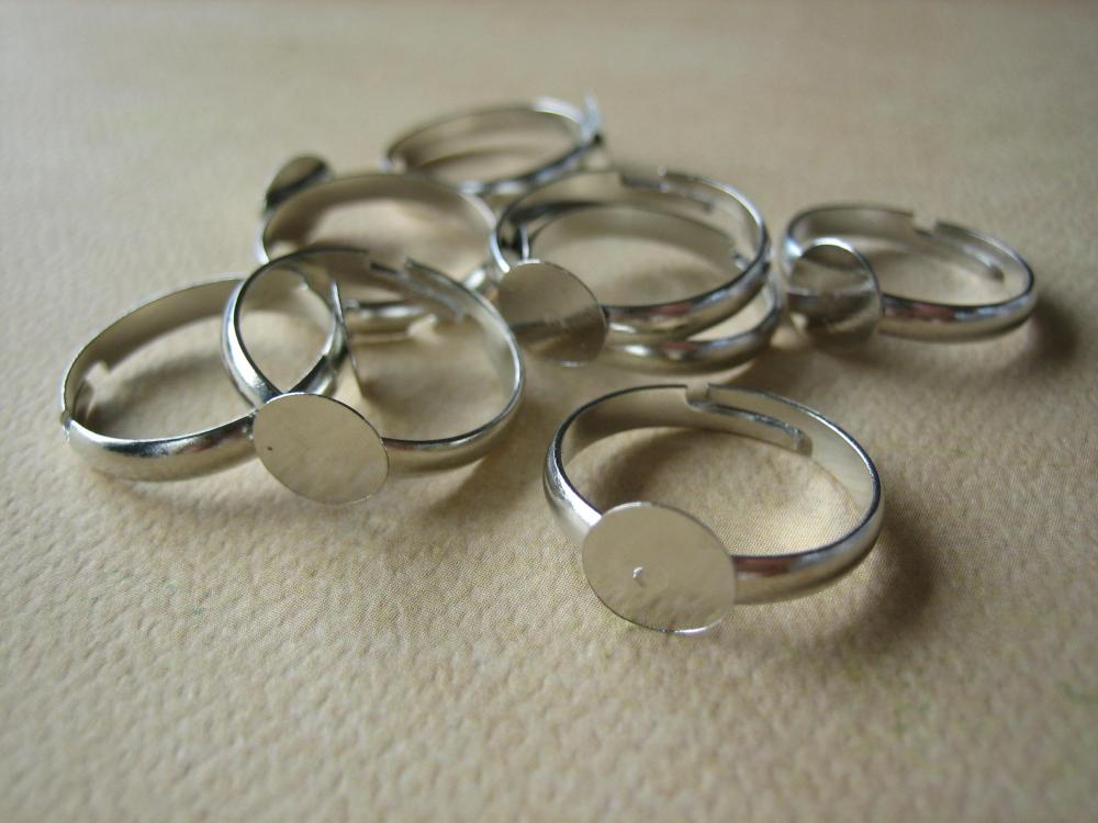 10pcs - Brass Ring Blanks - Silver Color - Adjustable - 8mm Pad - Jewelry Findings By Zardenia