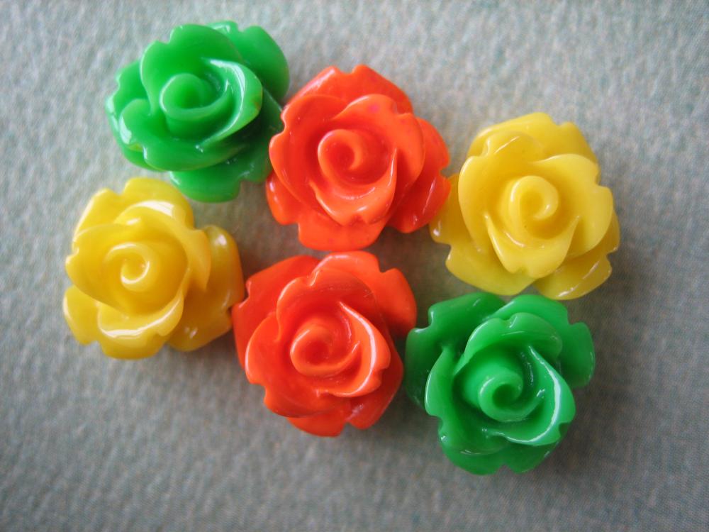 6PCS - Mini Rose Flower Cabochons - 10mm - Resin - Yellow, Green and Orange - Cabochons by ZARDENIA