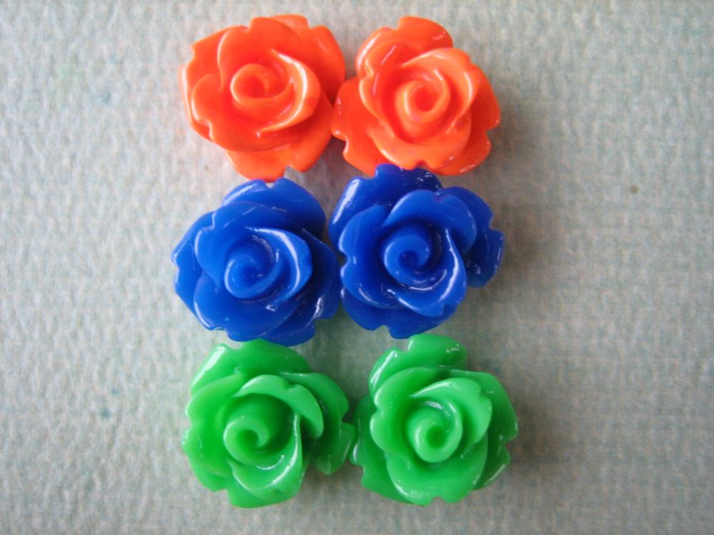 6PCS - Mini Rose Flower Cabochons - 10mm - Resin - Blue, Green and Orange - Cabochons by ZARDENIA