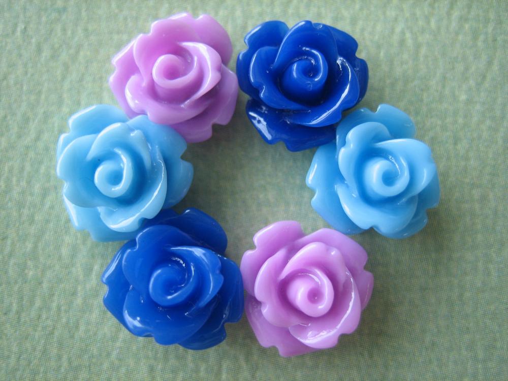 6pcs - Mini Rose Flower Cabochons - 10mm - Resin - Lavender, Light Blue And Dark Blue - Cabochons By Zardenia
