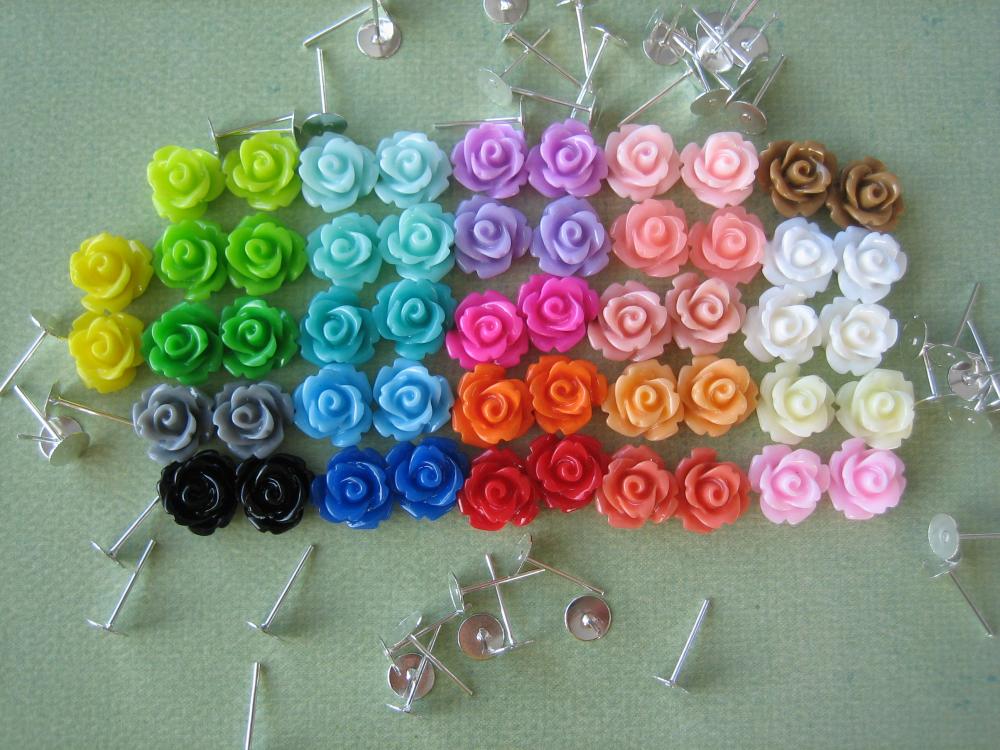 104 Pieces - Mini Rose Flower Cabochon & Earring Post Diy Kit - 10mm - Mixed Sampler Pack - Cabochons By Zardenia