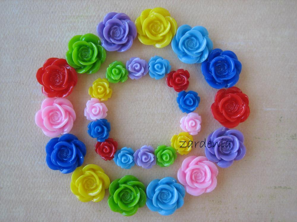 28pcs - Double Rainbow Mix - Color Me Happy - Rose Flower Cabochons - 10mm And 18mm - Findings By Zardenia